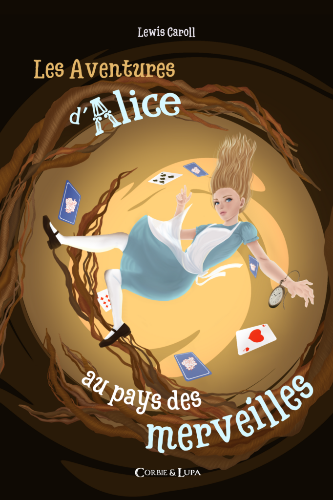 Couverture de livre Alice au pays des merveilles montrant Alice tombant dans le trou du lapin