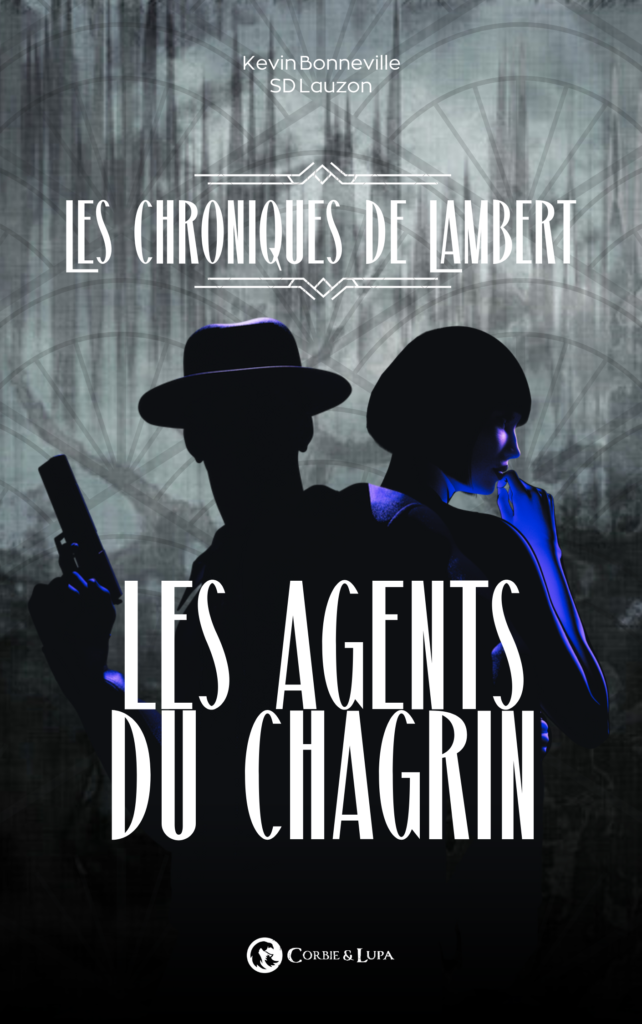 Couverture de livre présentant des silouhettes des deux personnages principaux. L'arrière plan et le style de police rappelle le style art déco