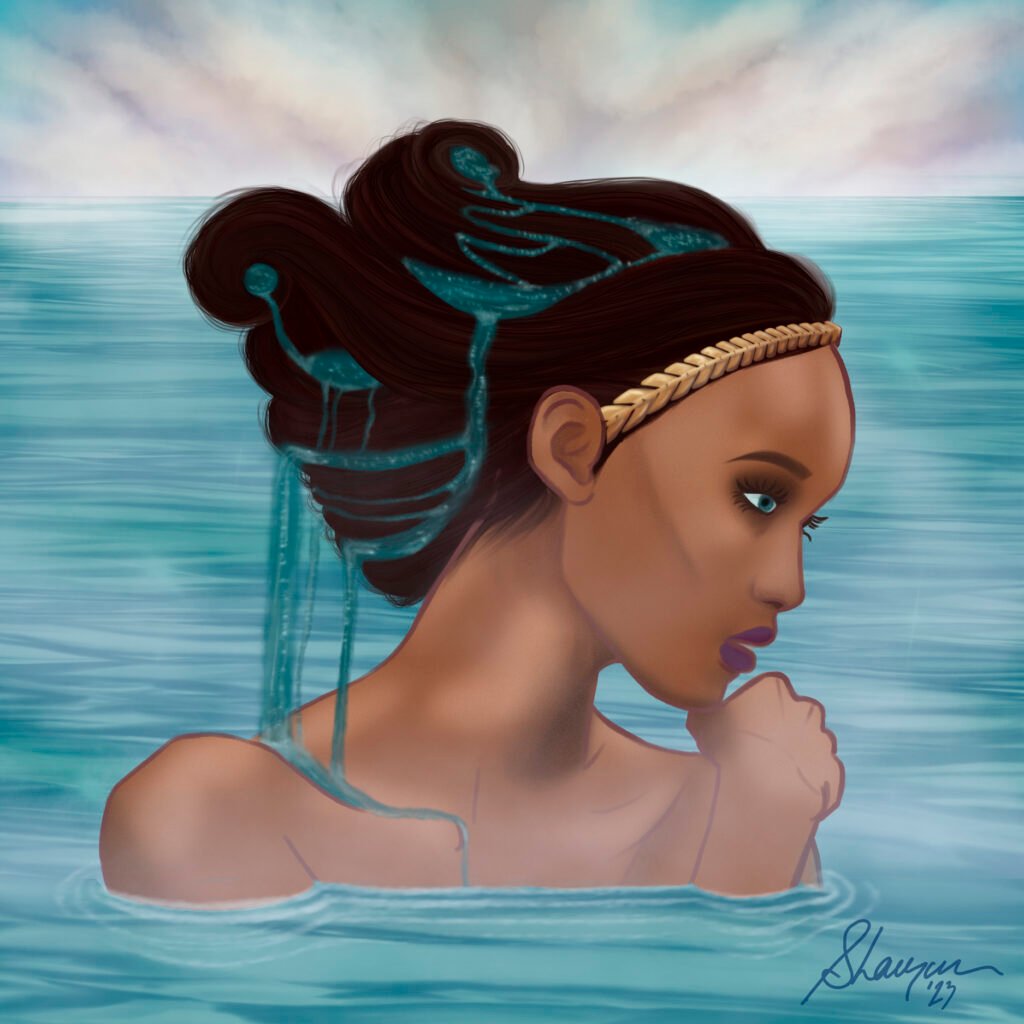 Illustration d’une femme afro-descendante représentant un des 4 éléments. De sa coiffure coule de légers ruisseaux qui rejoigne l’étendue d’eau dans laquelle elle flotte un bandeau doré dans les cheveux – Eau