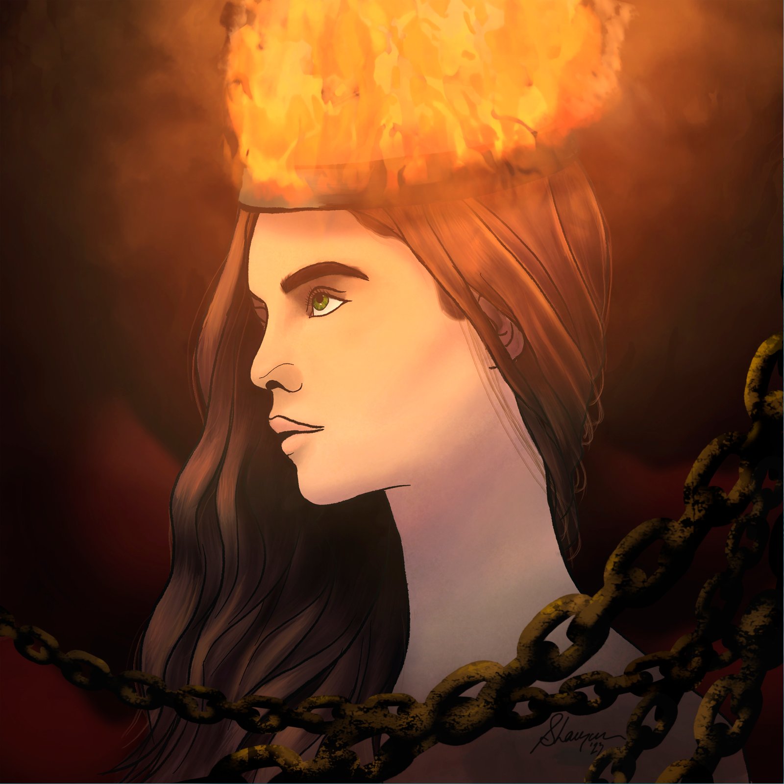 Illustration d’une femme aux traits caucasiens représentant un des 4 éléments. Une couronne de feu est déposée au-dessus de sa tête illuminant ses cheveux et son visage ainsi que les chaines devant elle. – Feu